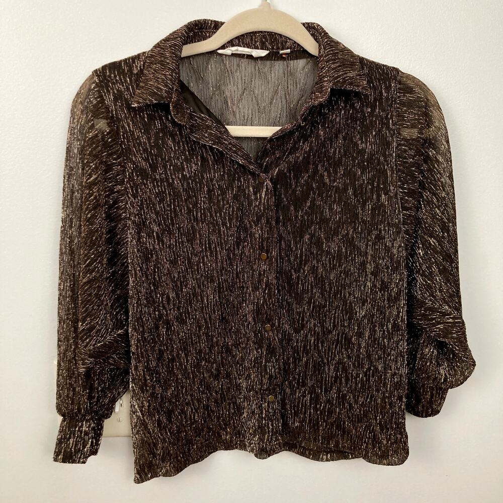 Y2K Sheer Brown & Gold Metallic Crinkle Crop Top Womens XS Glam Whimsigoth
